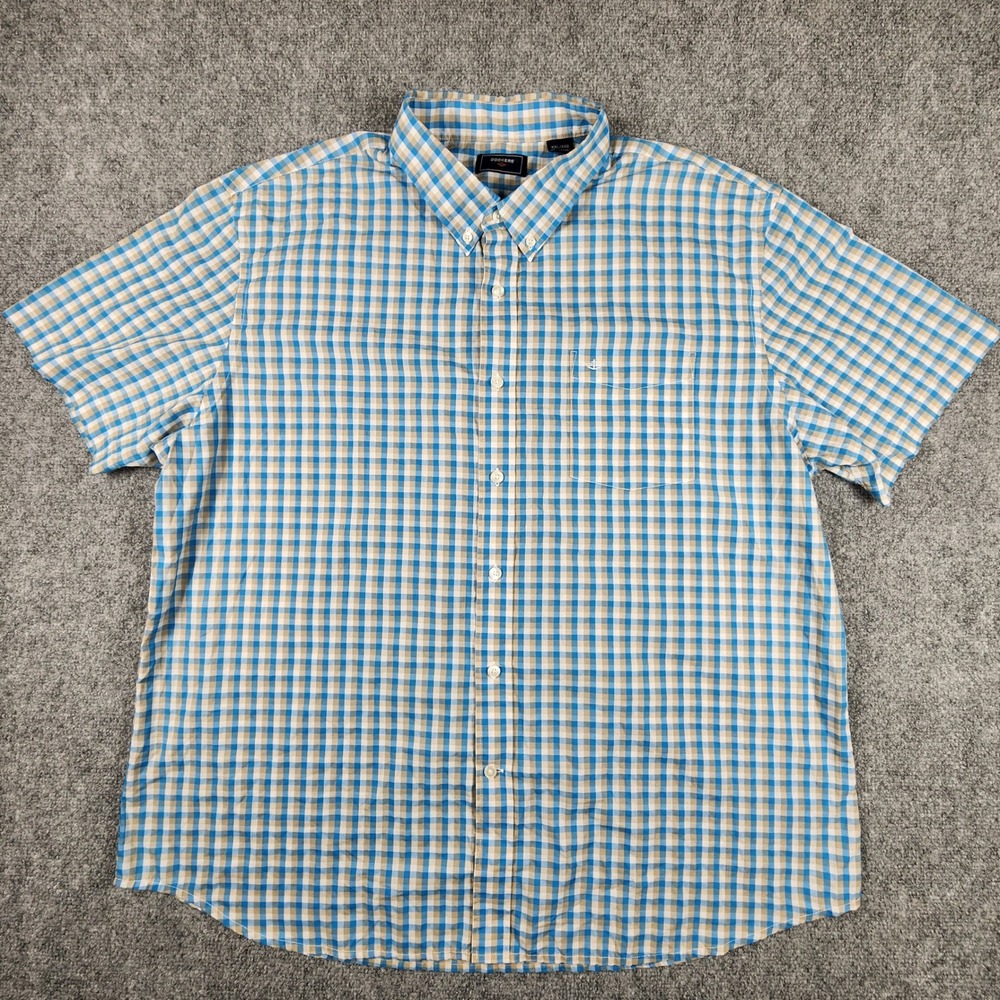 Dockers Mens XXL Blue Tan Gingham Plaid Short‎ Sleeve Button Down Shirt Pocket